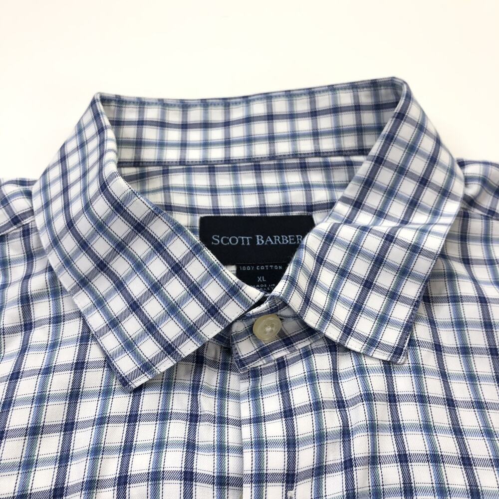 Scott Barber 17.5/38 Mens Button Long Sleeve Cotton Plaid Dress Shirt Blue